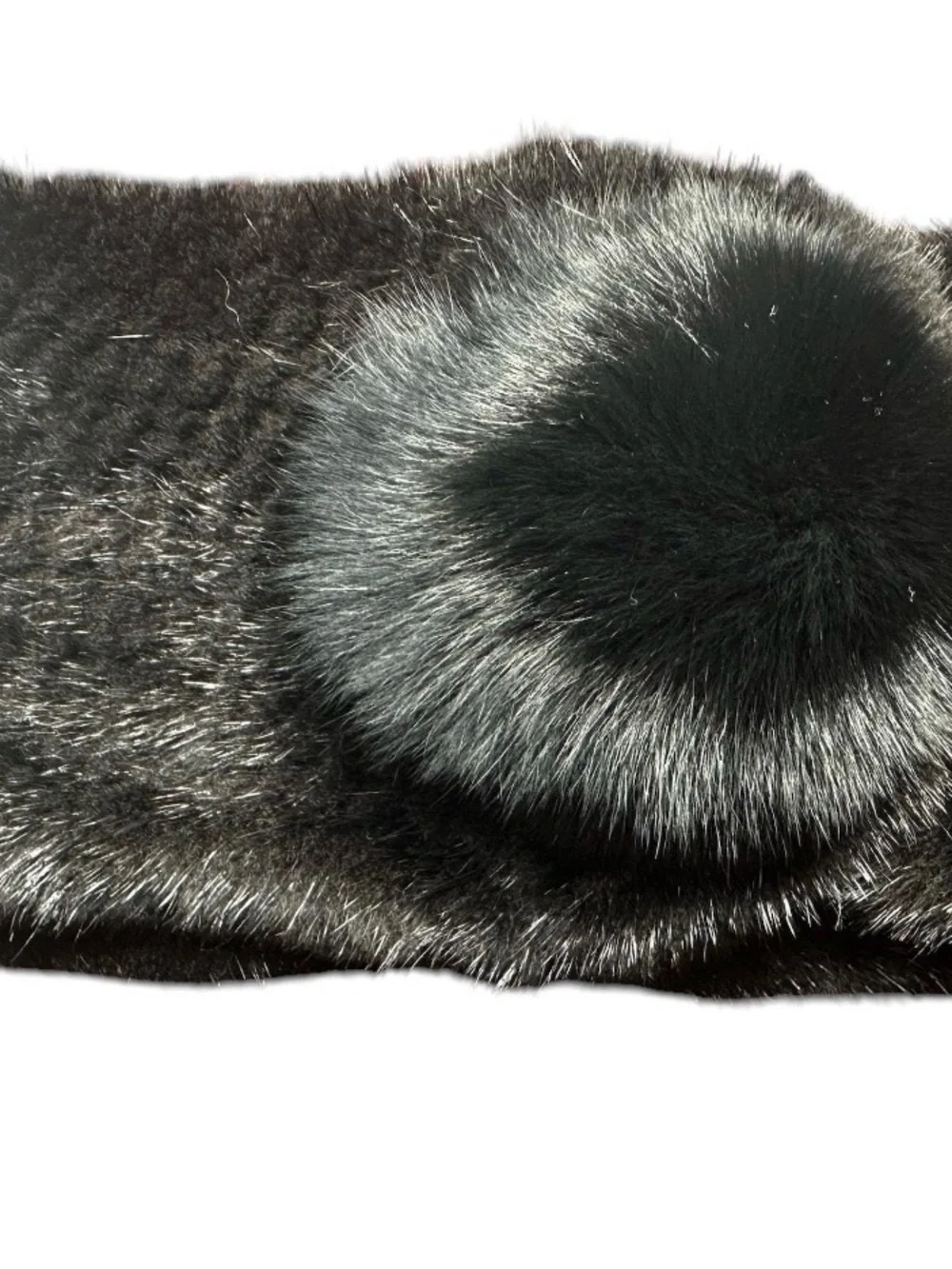 RANCH MINK Knitted Scarf w/Black FOX Pompom, 24”L, Certified Vintage Fur